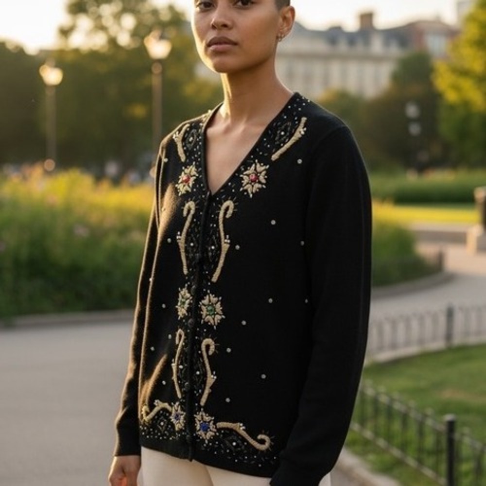 Victoria Jones Embellished Black & Gold Ugly Christmas Holiday Cardigan Sweater